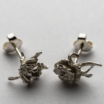 JRRR13 Renaissance Rose Small Silver Thorned Wild Rose asymmetrical earring studs