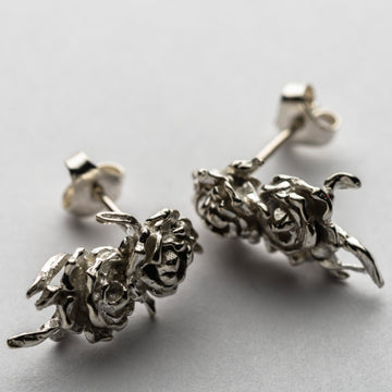JRRR14 Renaissance Rose Bouquet of Silver Thorned Wild Rose asymmetrical earring studs
