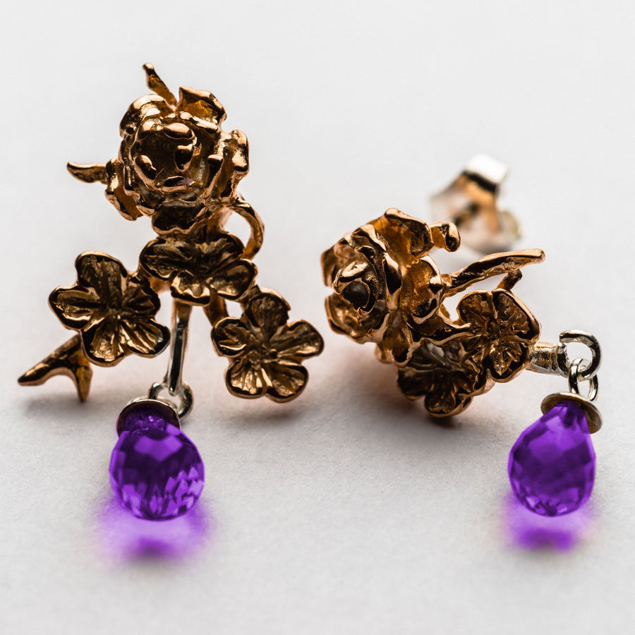 JRDR15 Dark Rose Bouquet of Roses with Precious Briolette Gemstone Drop Earring Studs