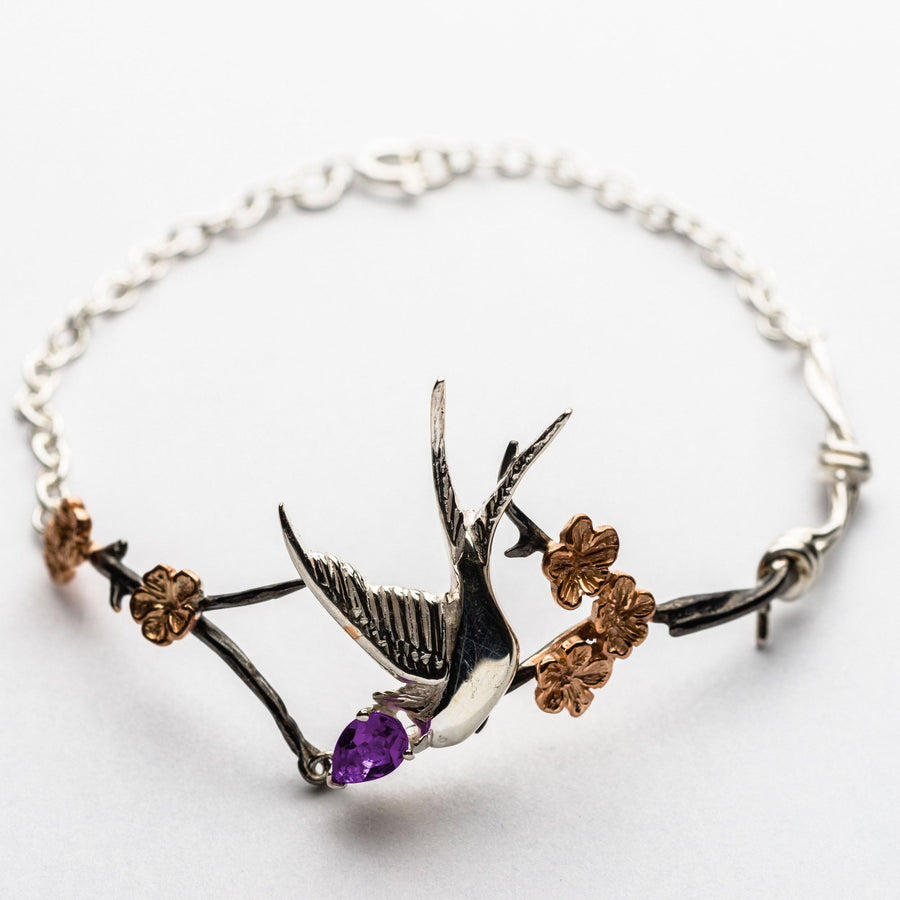 JRDR17 Dark Rose Twisted Barbed Wire with Fledgling Swallow & Cherry Blossoms Bracelet