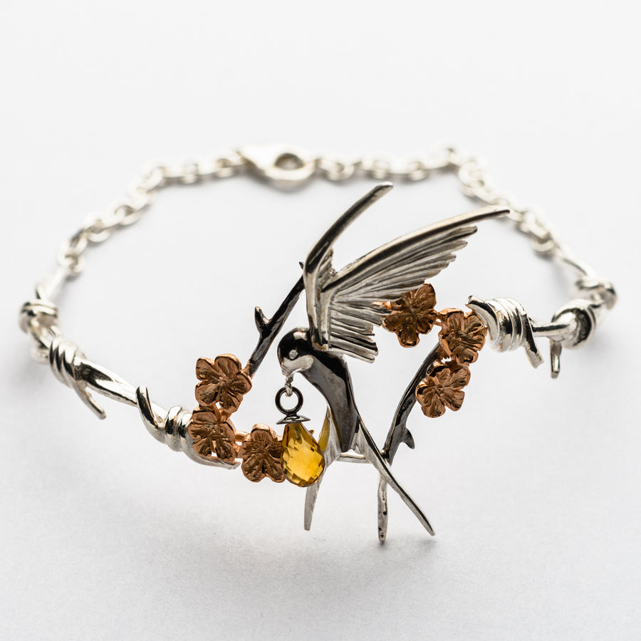 JRDR18 Dark Rose Twisted Barbed Wire with Fledgling Swallow & Cherry Blossoms Bracelet