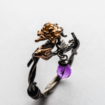 JRDR 9 Dark Rose small bouquet of roses barbed wire ring and dangling briolette gemstone