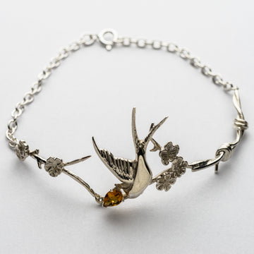 JRRR17 Renaissance Rose Twisted Barbed Wire with Fledgling Swallow & Cherry Blossoms Bracelet