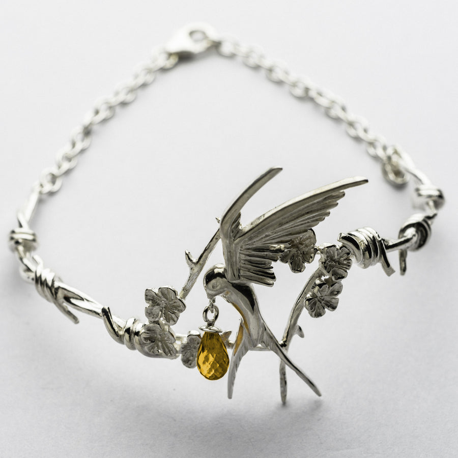 JRRR18 Renaissance Rose Twisted Barbed Wire with Fledgling Swallow & Cherry Blossoms Bracelet