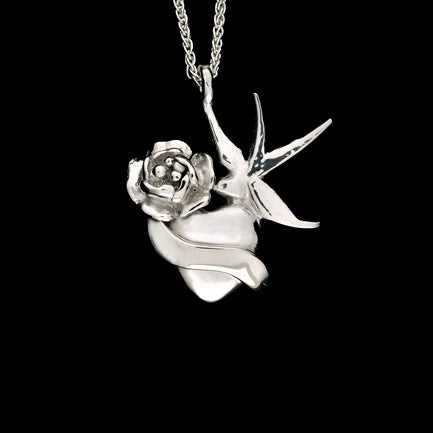 JRSW 07 Classic Twin Swallow With Rose & Scroll Heart Pendant Necklace