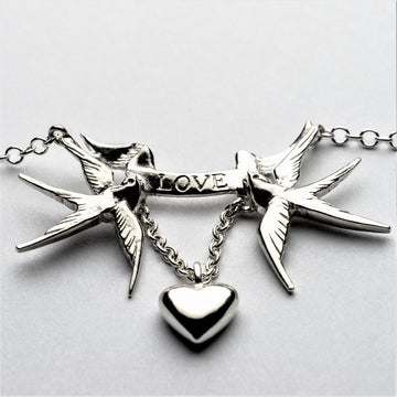 JRSW 08 Classic Small Twin Swallow, Love Scroll & Heart Pendant Necklace