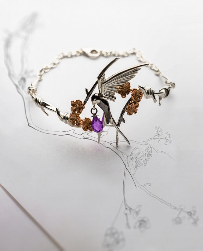 JRDR18 Dark Rose Twisted Barbed Wire with Fledgling Swallow & Cherry Blossoms Bracelet